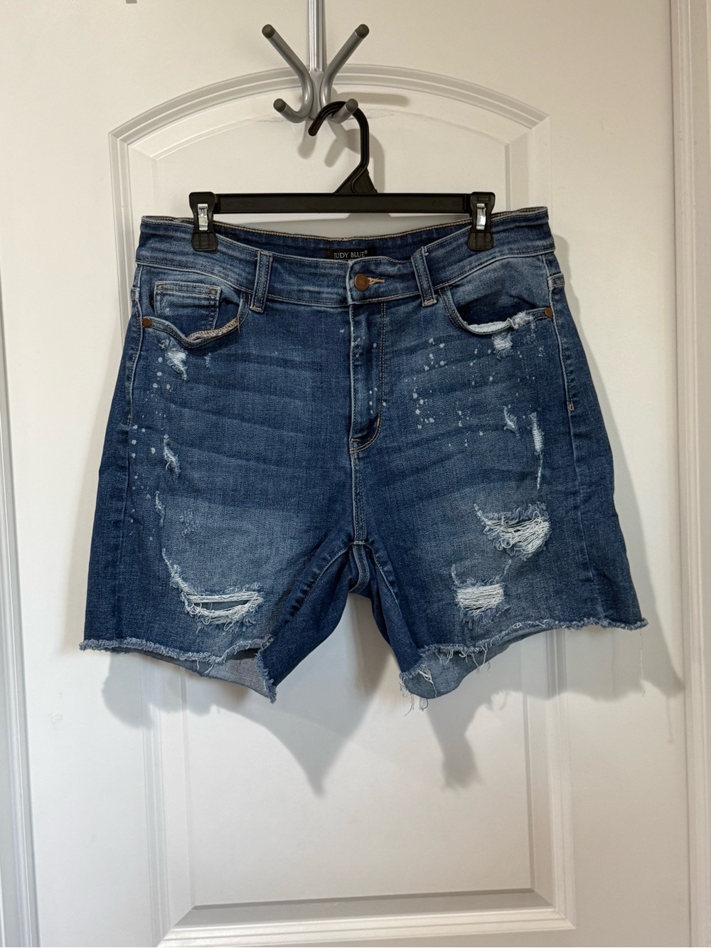 Judy Blue Distressed Mid-Blue Denim Shorts